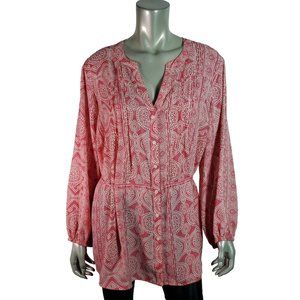 Terra & Sky Top Plus Sz 1X 16/18W Tunic Tie Waist V-Neck Long Sleeve Casual Pink